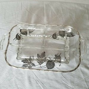 Vintage Clear Glass Relish Dish serving tray w/Silver Lining silver leaves 10x7